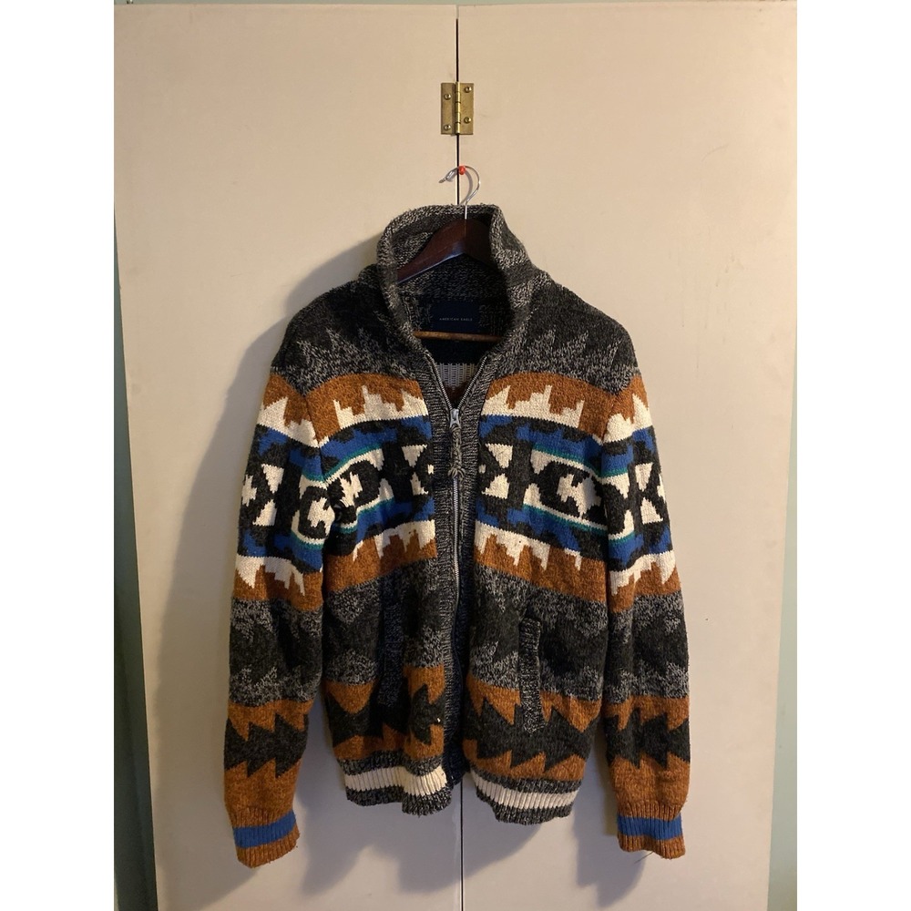 American Eagle Sweater Mens Medium Blue Brown Aztec Grandpa Cardigan Zip Thick M